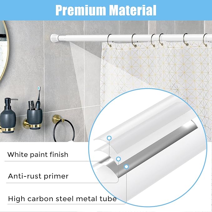 AIZESI 2PCS Shower Curtain Rod 30-64 Inch Adjustable Curtain Rods Never Rust & Non-Slip No Drilling Shower Rod Spring Tension Curtain Rod for Bathroom Doorway Window Closet Cupboard, White