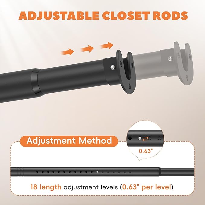 Closet Rod 50-87 Inches, Adjustable Heavy Duty Metal Black Closet Rods for Hanging Clothes 1.3 Inches Diameter for Wardrobes Laundry