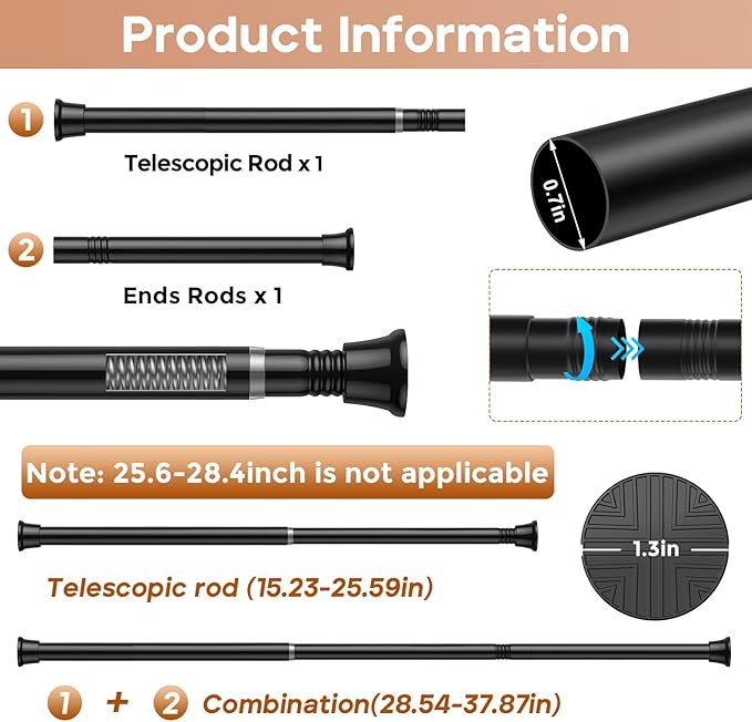 2 Pack Black Spring Tension Curtain Rods 18-36 Inch Adjustable Expandable Spring Loaded Curtain Rods No Drilling Suitable for Small Short Tension Rods 23-34 Inch Doors, Windows, Closet