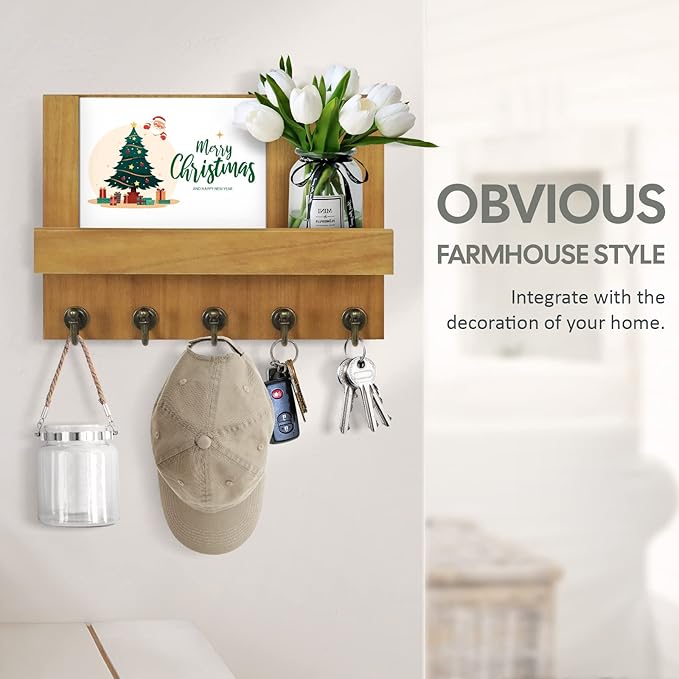 HONJIN Farmhouse Wall Key Holder for Wall : Holiday Card Slot Design Wooden Mail Organizer Wall Mount Dog Leashes Holder Hanger (Light Brown)
