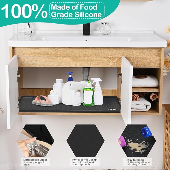 Waterproof Under Sink Mat 34" x 19", Silicone Cabinet Liner, Rubber Protector for Kitchen and Bathroom, Keeps Cabinets Clean, Dry, and Organized (Black)
