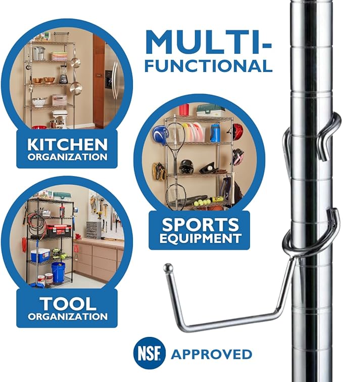 Shelf Pole Hooks 5-Pack | Chrome Heavy-Duty Utility J Hooks for 1-Inch Poles ONLY | Snap-On Hooks for Wire, Metal & Metro Shelving | Garage, Kitchen & Home Organization