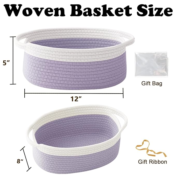 Small Woven Rope Basket-Empty Gifts Basket with Bag and Ribbons,Cute Handle Organizer Box for Birthday/Baby Shower, Toy Storage, Nursery Organizing & Shelf Decor(White&Purple)