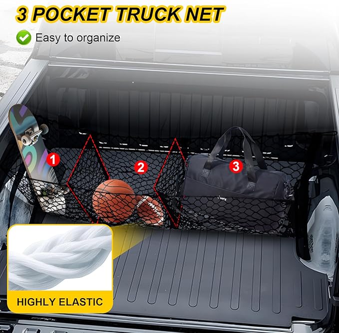 Upgraded 3 Pocket Truck Bed Cargo Net for Toyota Ford Dodge GMC Chevy Silverado, Universal Pickup Mesh Storage Net 47.2" x 11.8" Stretchable Elastic Truck Bed Grocery Holder Net with 4 Ball Bungees