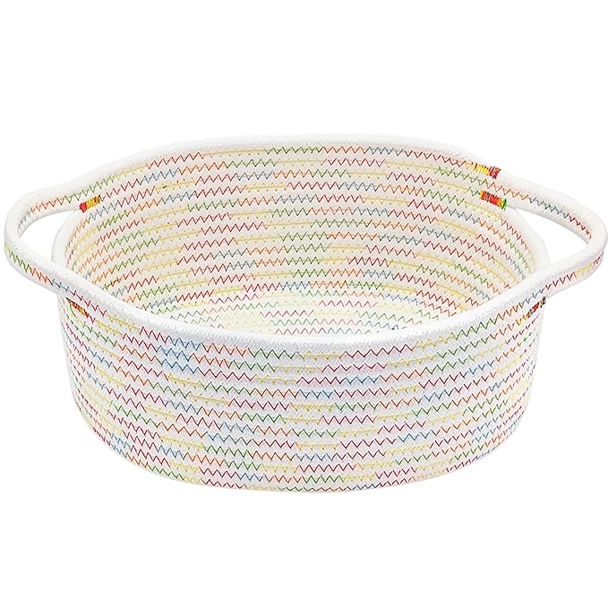 ABenkle Small Woven Basket, 12"x 8" x 5" Cute Small Basket, Rope Room Shelf Storage Basket, Cat Dog Toys Basket Chest Box, Empty Decorative Gift Basket with Handles - Colorful Thread