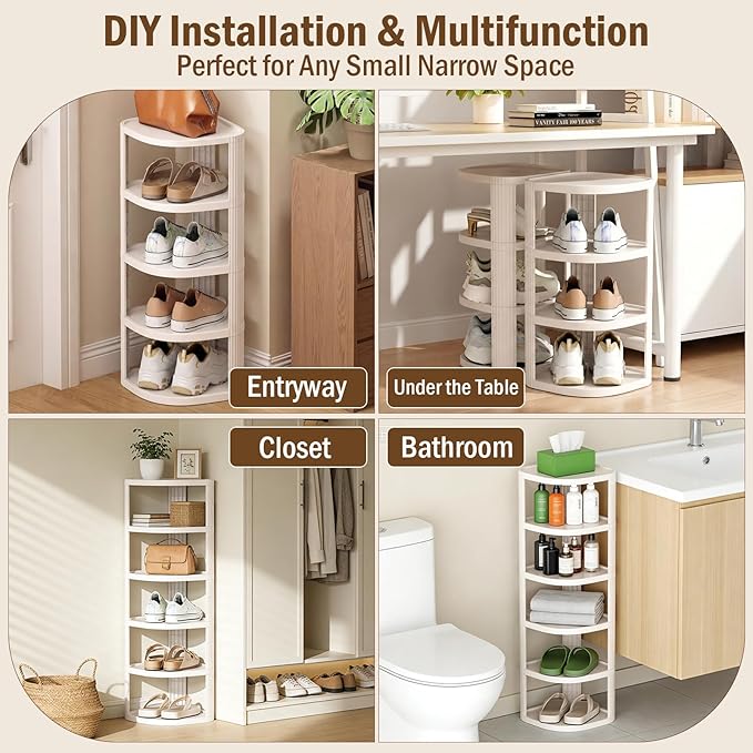 Vertical Shoe Rack, 10-Tier Stackable Narrow Shoe Rack Organizer for Entryway Closet Corner, Free Standing Shoe Rack Tower Shelf, Space Saving, Curved, Off White