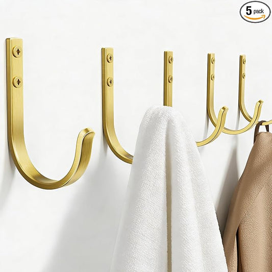 Wall Hooks for Hanging Towel/Coat - 22LB Screw in Metal Hanger Wall Mount, for Outdoor, Closet, Door, Bathrooms, for Backpack, Robe, Brushed Gold 5 Pack