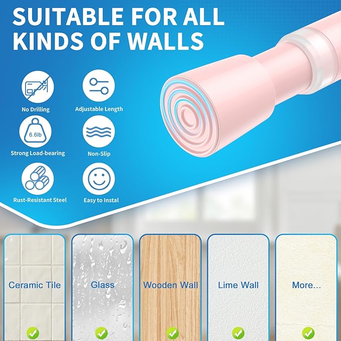 AIZESI 2 Pack Tension Curtain Rod for Windows 26.5 to 36 inch, Adjustable Expandable Pressure Spring Curtain Rod No Drilling, Pink Curtain Rod for Bedroom Doorway Closet Door