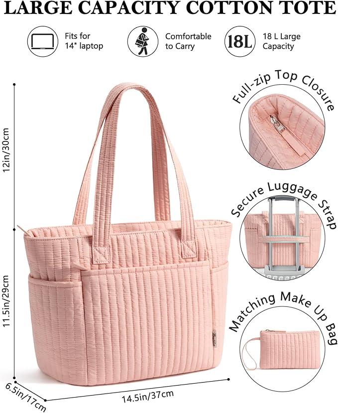 Bagstellar Puffer Tote Bag for Women, Quilted Cotton Laptop Work Tote Shoulder Bag for College School, Teacher, Nurse, Travel | Top Full-zip Closure
