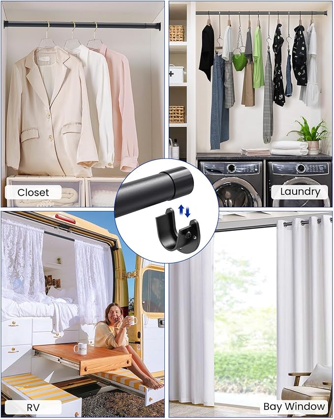 2 PACK Closet Rods for Hanging Clothes, 17 to 84 Inches Stepless Adjustable Metal Closet Rod, 1.3 Inches Heavy Duty Clothes Hanging Rod for Closet Wardrobes Laundry RV, Black