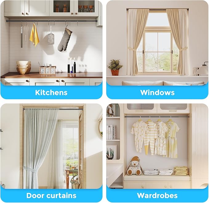 AIZESI Tension Rods for Windows 28 to 48 inch, Adjustable Short Curtain Rods No Drilling Small Tension Rods for Windows Door Kitchen Curtain, Black
