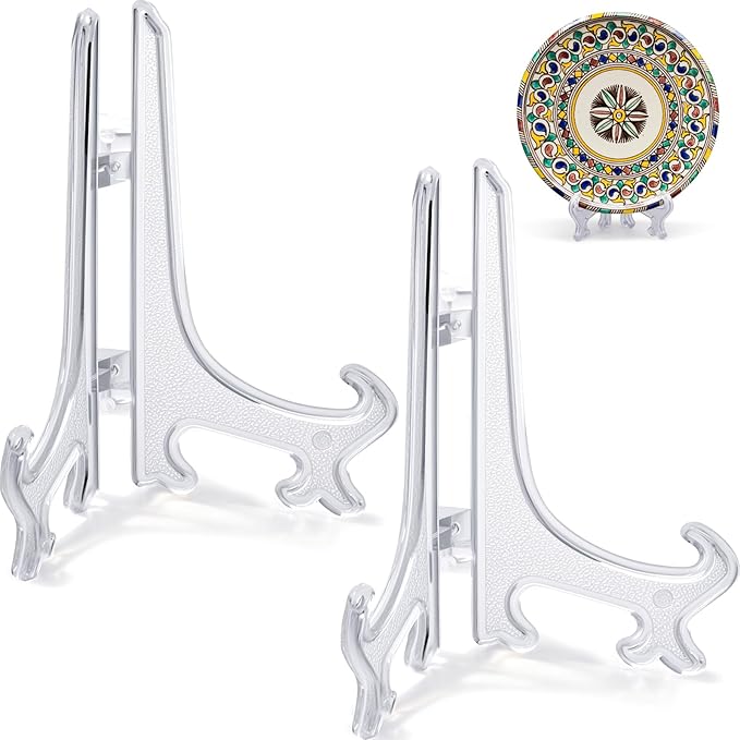 4 Inch Clear Acrylic Plate Display Stands 2pcs Tabletop Easel Holders for Picture Frames Cards Decorative Plates Home Kitchen Shelf Decor Small Acrylic Stand