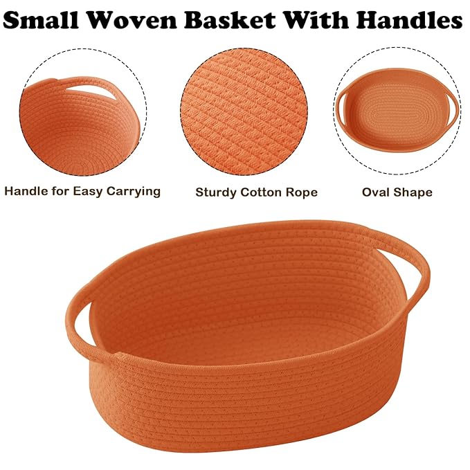 Small Woven Rope Basket-Empty Gifts Basket with Bag and Ribbons,Cute Handle Organizer Box for Birthday/Baby Shower, Toy Storage, Nursery Organizing & Shelf Decor(Orange)