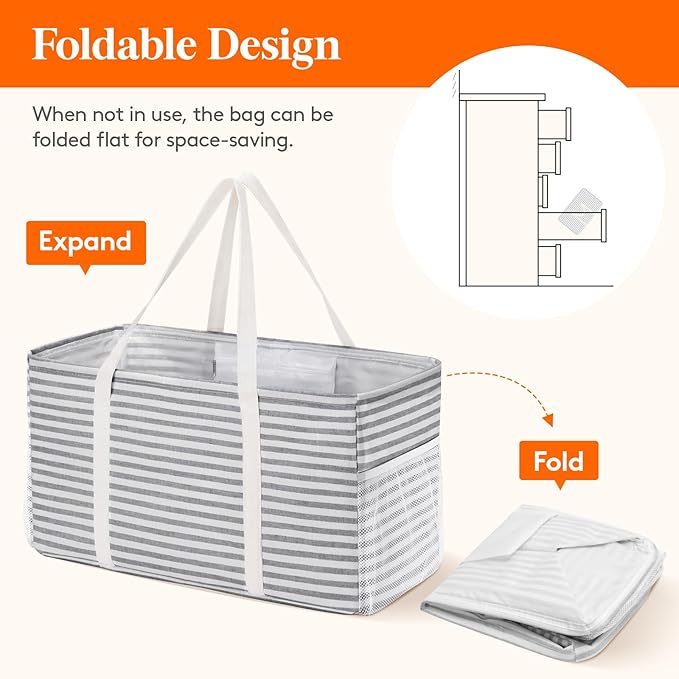 Lifewit Extra Large Tote Bag, Reusable Grocery Bags with Metal Wire Frame and Handles, Standing Utility Foldable Shopping Bags for Storage, Picnics, Beach, Laundry, Car, 46L, 2 Pack, Gray and Pink