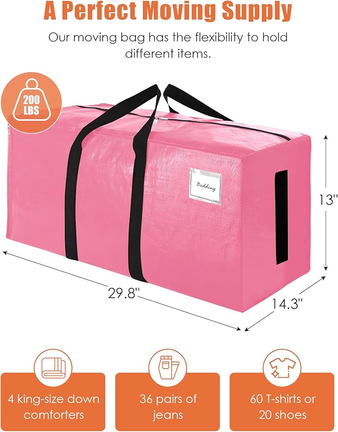 SWEET DOLPHIN 8 Pack 200LB Heavy-Duty Moving Bags with Wrap-Around Handles, Extra Large Storage Totes for Space Saving, Clothes Storage Bags, College Dorm Essentials, Pink, 24 Gal