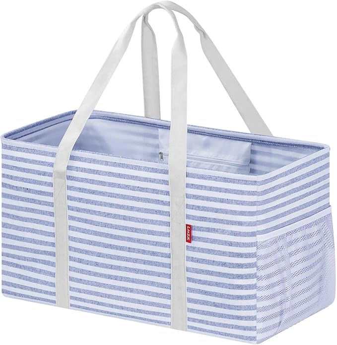 LHZK Standing Extra Large Utility Tote Bag with Metal Wire Frame and the Sides Rinforced, Extra Large Tote Bag with Handle, Reusable Grocery Bags Foldable, Beach Bag, Car Tote (Blue) | Metal Wire Frame