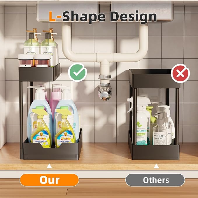 Simple Trending 2 Tier Under Sink Organizers and Storage, Multi-Purpose Pull Out Bathroom Cabinet Organizer, Stackable Kitchen Pantry Organization, Black, 2 Pack