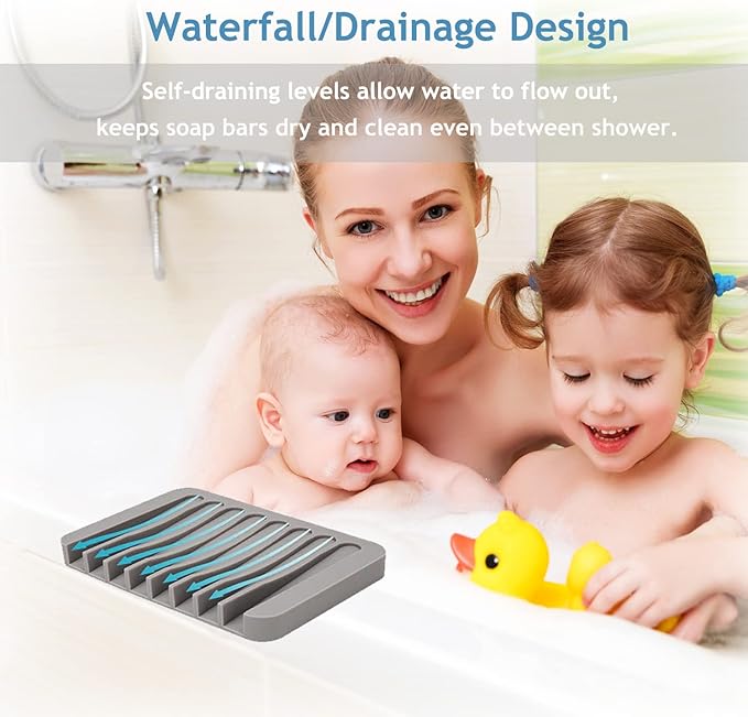 4PCS Premium Silicone Self-Draining Soap Holders, Waterfall Drainer Soap Savers for Bathroom, Kitchen & Bath Tub - Extends Soap Life, Easy Clean (White & Teal)