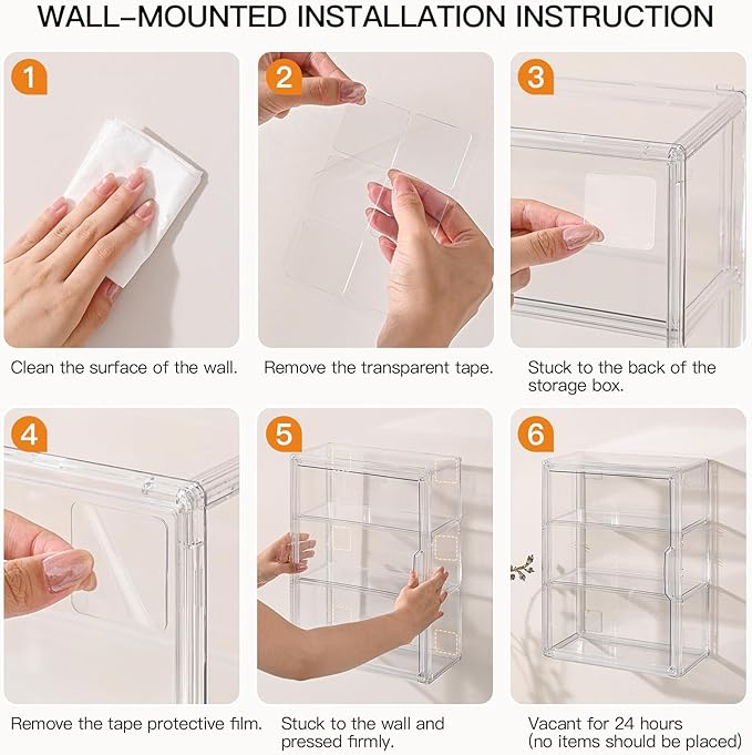 2 Pack 3 Tier Clear Display Case for Figures, Wall-Mounted Acrylic Storage Organizer Box, Stackable Display Cabinet with Magnetic Door & Removable Shelves, Showcase for Collectibles, Figures