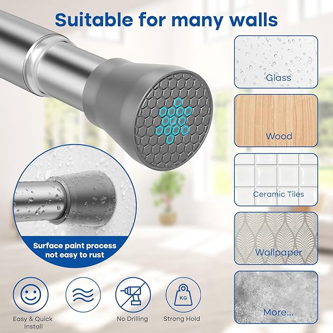 Shower Curtain Rod Tension Curtain Rod 30-64 Inch Silver Shower Rod Curtain Rod no Drilling Expandable Tension Curtain Rod Spring Curtain Rod for Bathroom Closet Doorway Door