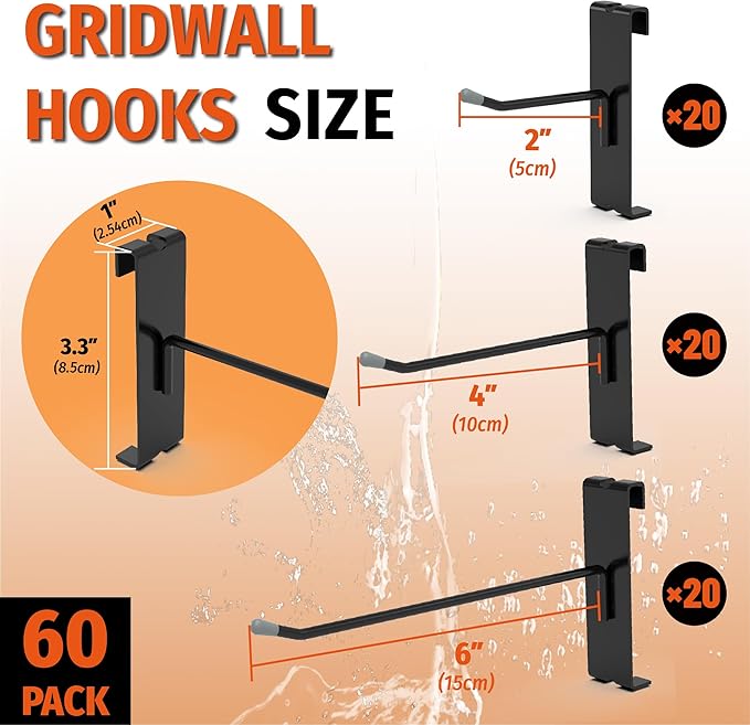 HUHOLE 60 Pack Gridwall Hooks 2 Inch, 4 Inch, 6 Inch–Black Metal Display Hangers for Wire Grid Panel – Heavy Duty Retail Store Fixtures, Garage Organizer, Craft Fair & Jewelry Rack (20lbs Capacity)