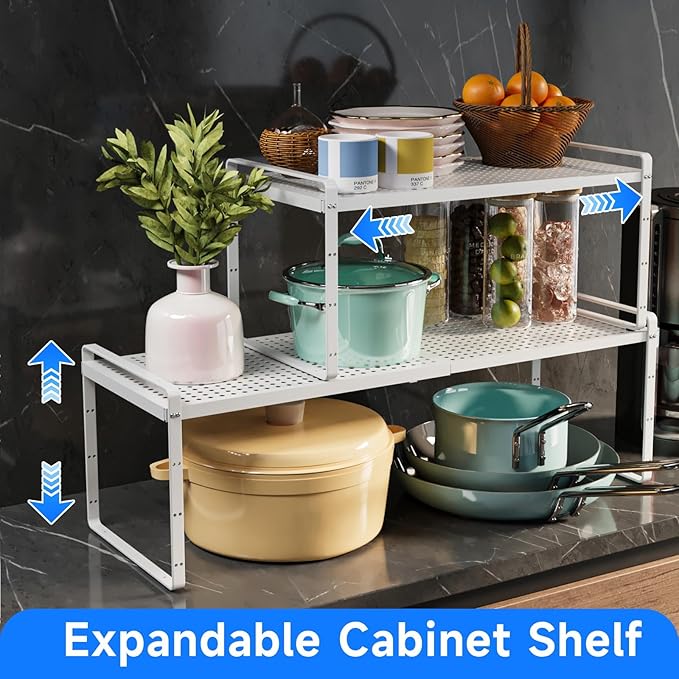Expandable Kitchen Shelf Organizers, Kitchen Cabinet Organizer Stand Rack Organization for Countertop Cupborad Pantry, White 3 Pack