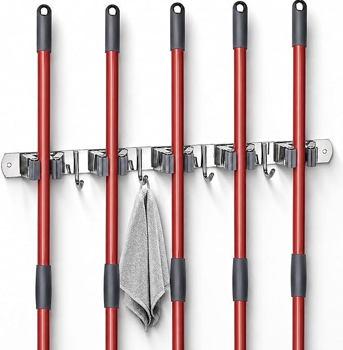 voze 5 Racks and 4 Hooks Mop and Broom Holder Wall Mount, Self Adhesive Heavy Duty Broom Hanger Organizer Storage Tool Racks for Kitchen Garden Laundry Garage