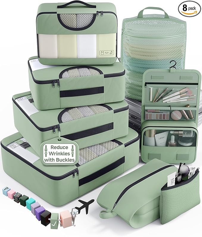 Veken 8 Set Packing Cubes for Travel Essentials, Suitcase Organizer Bags in 4 Sizes, Carry-On Luggage Accessories with Large Laundry & Shoes Bag, Must-Have for Airplane, Road Trip & Camping