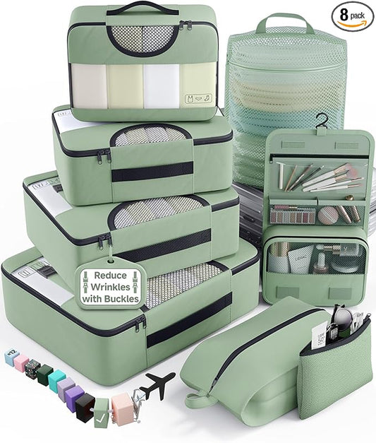 Veken 8 Set Packing Cubes for Travel Essentials, Suitcase Organizer Bags in 4 Sizes, Carry-On Luggage Accessories with Large Laundry & Shoes Bag, Must-Have for Airplane, Road Trip & Camping