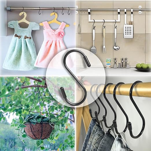 Heavy Duty Metal S-Hooks for Hanging, 3 Inch 10 Pack Vinyl Coated S Hooks for Hanging Plants, Kitchen Utensils, Bags, Jeans, Pots (Black)