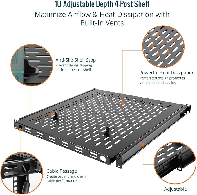 Tecmojo 1U Sliding Rack Shelf,4-Post Vented Rack Mount Shelf,21.7in Deep with Adjustable Mounting Depth 21.7-35.4in,Supports to 110lbs,for 19 Inch AV/Network Equipment Rack,Unassembled,Black