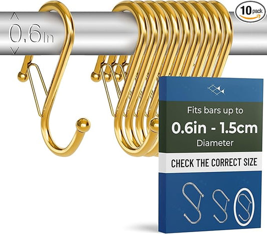 10-Pack Metal S Hooks for Hanging – Heavy-Duty S-Shaped Hooks with Safety Buckle – Fits Bars up to 0.6 in – Anti-Drop Hooks for Kitchen, Pot Racks & Towel Bars – Gold (Small)