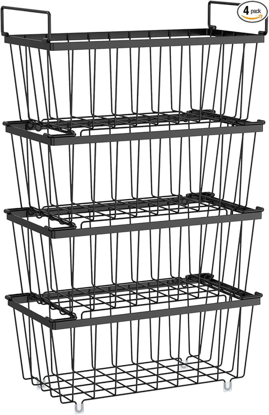 iSPECLE Freezer Organizer Bins - Fits 7 Cu.Ft Chest Freezer, 4 Pack Stackable Wire Baskets(14.7" Length), Heavy Duty Coated Deep Freezer Organizer, Rust Resistant for Frozen Food Sorting, Black