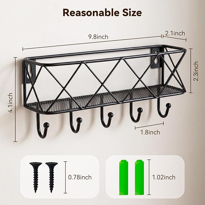 HappyHapi Key Holder for Wall Decorative, Entryway Key Hooks, Wall Mounted Key Rack with 5 Hooks, Metal Wire Mesh Basket Mail Holder, 9.8”Lx2.1”Wx4.1”H