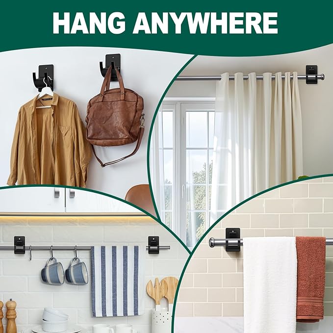 No Drill Curtain Rod Brackets, 8 PCS Self Adhesive Curtain Hooks 20lb, Peel and Stick Wall Hooks, Renter Friendly Upgrades for Apartment, Kitchen, Bathroom, Dorm, Living Room and RV