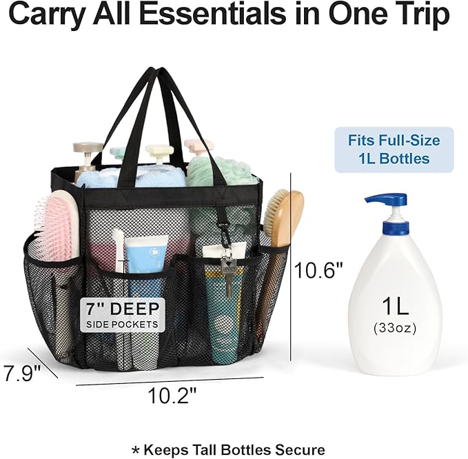 F-color Mesh Shower Caddy Portable - 2 Handles Upgrade Deeper 7 Pockets Basket Bag Tote for College Dorm Room Toiletry Bathroom Essentials Gym Camp Quick Dry with S Hook, 2 Pack, Black & Leopard