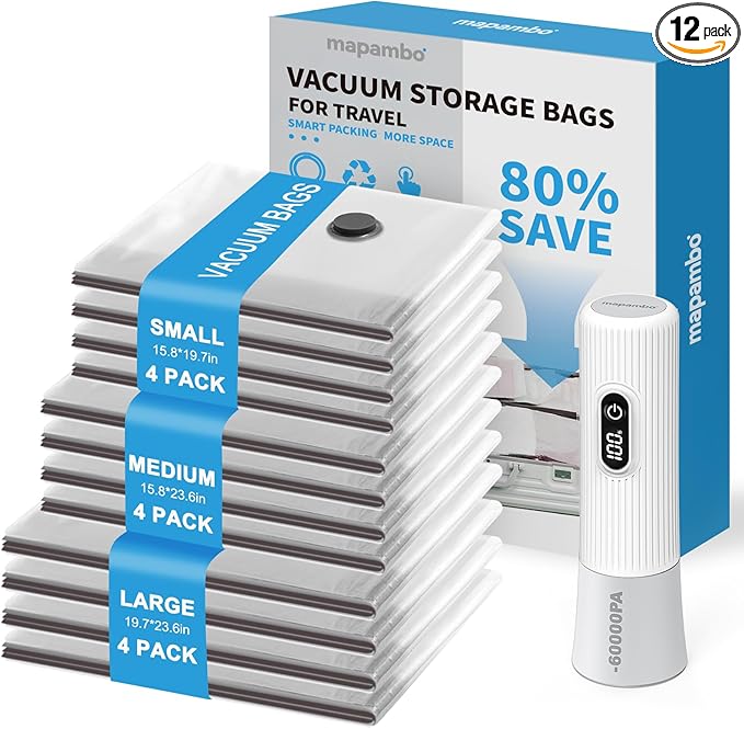 Mapambo Travel Vacuum Bags with -60000Pa LED Electric Pump, 12 Pack Vacuum Seal Bags for Clothing Travel in 3 Combo sizes, Space Saver Vacuum Storage Bags, Saving up to 80% of Space (12 Combo)