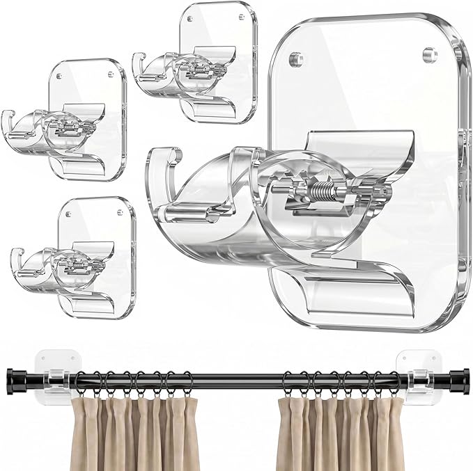JHCJHC No Drill Curtain Rod Brackets - 20LB, 4 Pack Self Adhesive Curtain Rod Holder, Peel and Stick Wall Hooks, Renter Friendly Upgrades for Apartment, Kitchen, Bathroom, Dorm, Living Room and RV