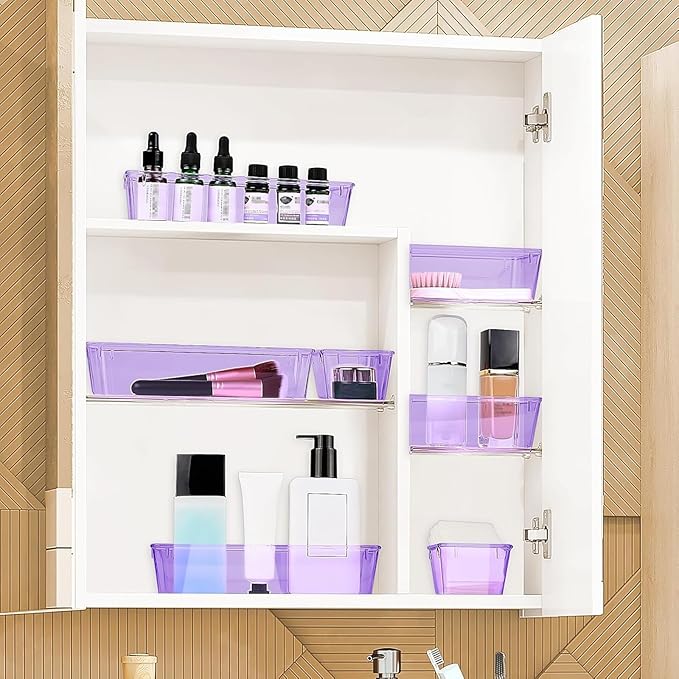 10 PCS Drawer Organizer Set, 4 Varied Size Bathroom and kitchen Drawer cabinet organizer Trays, Clear Storage Bins for Makeup, Jewelry, Utensils and Gadgets, Purple