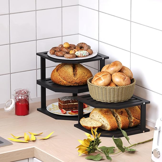Bamboo Corner Shelf(3 Pack),2 Tier Plate Organizer for Cabinet and Countertop,Pantry Dish and Spice Rack for Kitchen(Black)