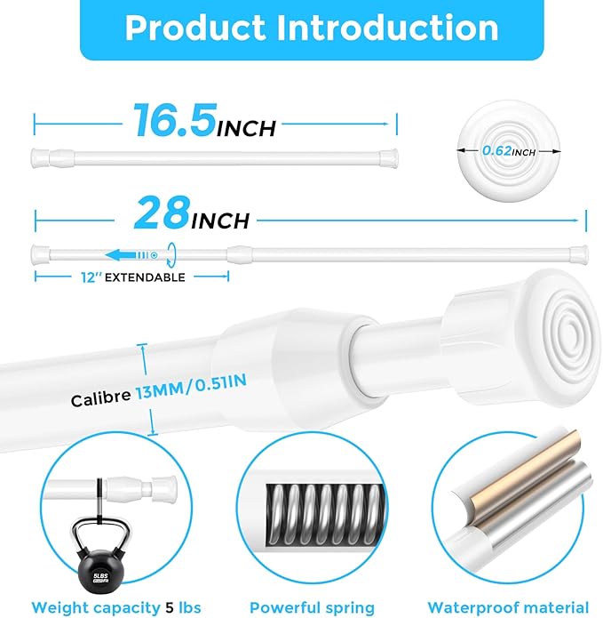 AIZESI 2PCS White Tension Rod 17 to 28 Inch, Adjustable Spring Curtain Rod No Drilling, Spring Tension Rods for Window DIY Projects Cupboard Wardrobe Small Curtain Rods Short Tension Rod