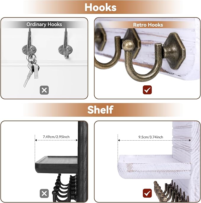 Key Holder for Wall, Mail Organizer Wall Mount with 6 Hooks Wooden Hanging Key Rack for Home Decor, Hallway, Entryway (Vintage White)