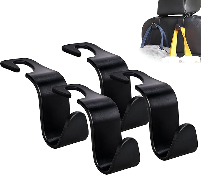Amooca 4-Pack Car Headrest Hooks Vehicle Storage Organizer for Purses Handbags Groceries Backpack Coats –Holds 55lbs 360° Rotating Black
