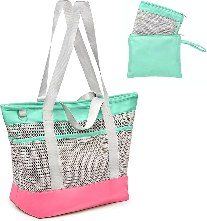 Large Mesh Beach Bag for Women - 28L Oversized Foldable Tote with Waterproof Sandproof Bottom plus Zipper and 7 Pockets Lightweight Packable Pool Bag for Swim Cruise Travel and Vacation