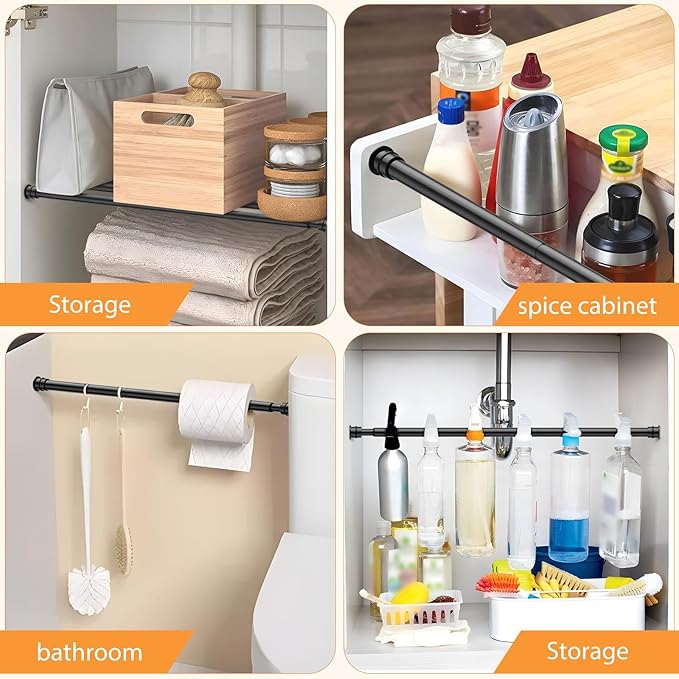 Tension Curtain Rod 26 to 48 Inch Adjustable Tension Rods 4 Pack Expandable Spring Tension Rod Black No Drilling for Closet Kitchen Cupboard Wardrobe Door Bookshelf DIY Projects