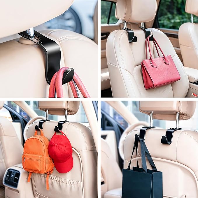 4 Pack Car Back Seat Headrest Hook Hanger for Purse Grocery Bag Handbag Hat, Purse Hook for Car with Clip