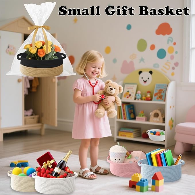 Small Woven Rope Basket-Empty Gifts Basket with Bag and Ribbons,Cute Handle Organizer Box for Birthday/Baby Shower, Toy Storage, Nursery Organizing & Shelf Decor(Black&Jute)