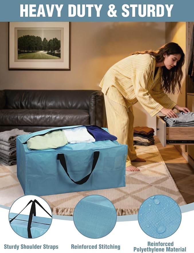 WORKPRO 4 Pack Extra Large Moving Bags with Zippers & Carrying Handles Backpack Straps, Heavy-Duty Storage Tote for Space Saving & Storage, Alternative to Moving Box (Dusty Blue)