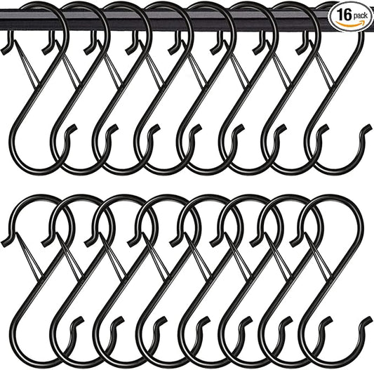 Waitkey 16 Pack S Hooks for Hanging, 3.5 inch Heavy Duty Metal S Hooks with Safety Buckle S Shaped Hooks Pot Rack Closet Hooks for Hanging Plants, Clothes, Kitchen Utensil, Pots, Pans, Bags (Black)