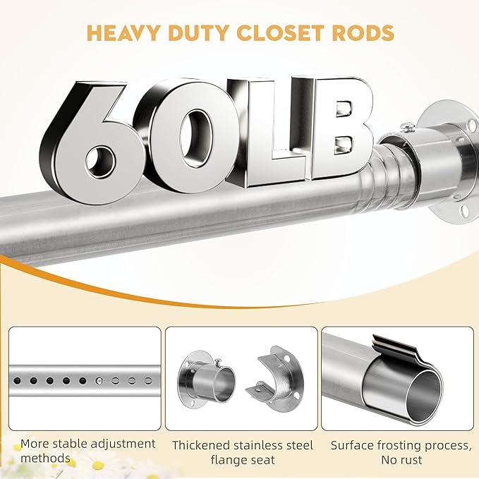 1.3 Inch Diameter Closet Rods for Hanging Clothes 17-75 Inch Adjustable, Metal Heavy Duty Closet Pole, Silver Closet Bar for Hanging Clothes, Suitable for Closet, Wardrobes, Bathroom, Windows